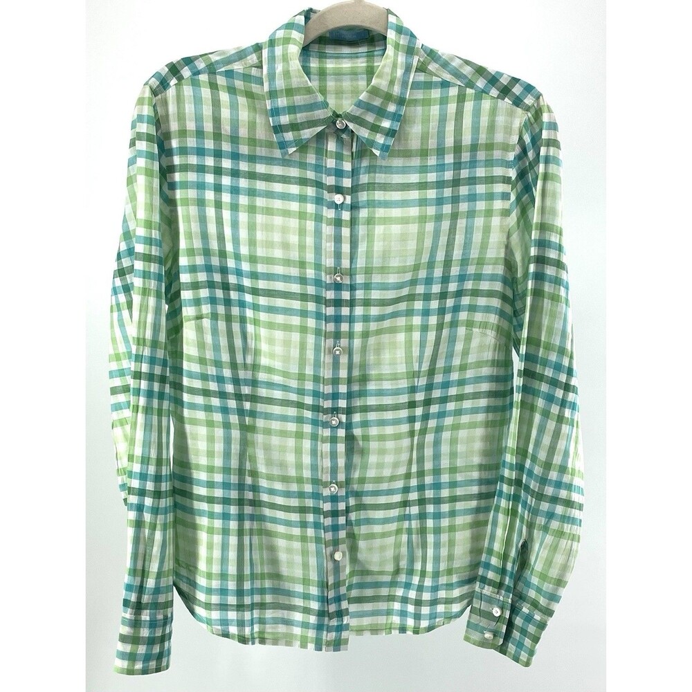 J. McLaughlin Women’s Coastal Plaid Button Front Blouse Blue Green White Size 6